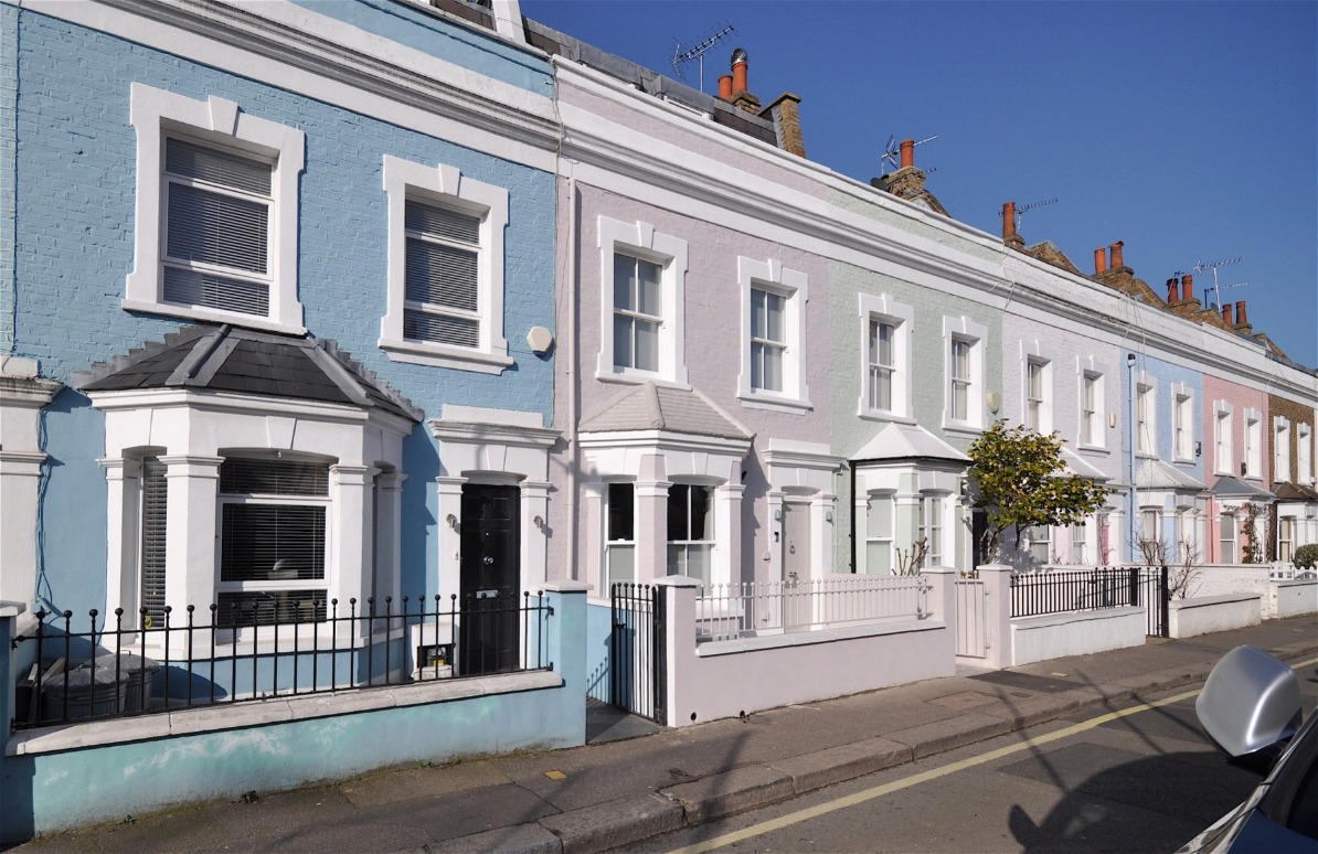 A terrace of small 19th century, Victorian period, town houses on Novello Street in Fulham. One of the best areas to live in London.